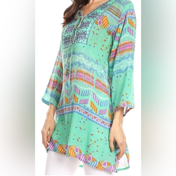NWT Sakkas Carina Tie Front 3/4Sleeve Tunic with Cross Stitch Embroidey - Picture 3 of 11